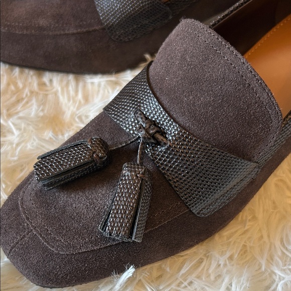Donald J. Pliner Dark Brown Suede Tassel Loafer with Textured Band - Picture 7 of 14